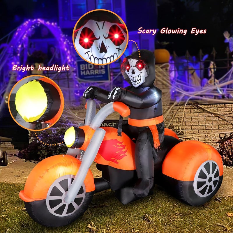FunFanso 6 FT Halloween Inflatable Skeleton Ghost Riding on Motorcycle Bike, Blow Up Outdoor Decoration Clearance with Built-in LED Lights for Yard Garden Lawn Home Party Decorations - Image 2